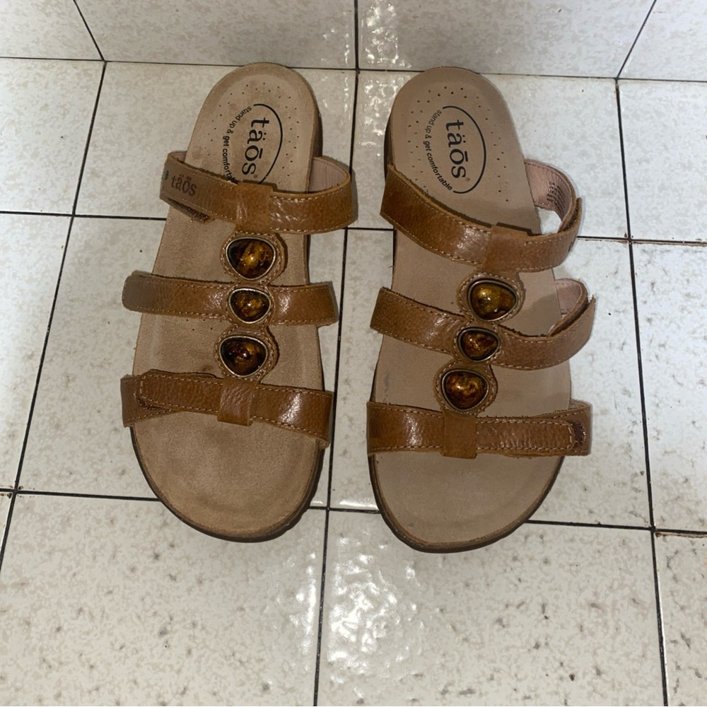 Taos Footwear Brown Triple-strap Jewel Slide Sandals